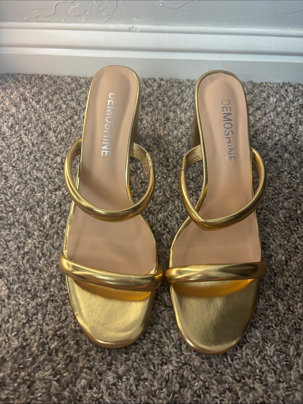 Gold Metallic Double-Strap Slide Heels - Women